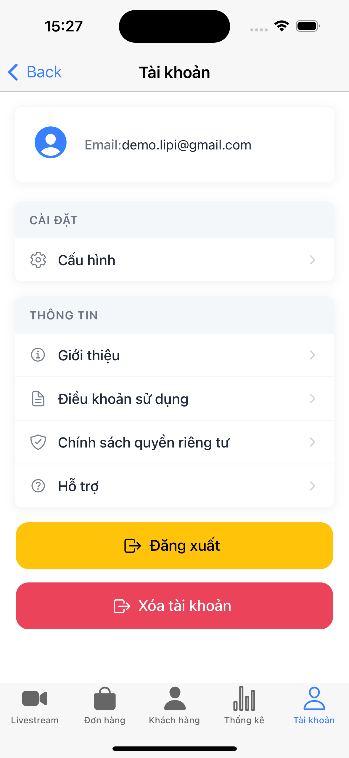 Menu tài khoản