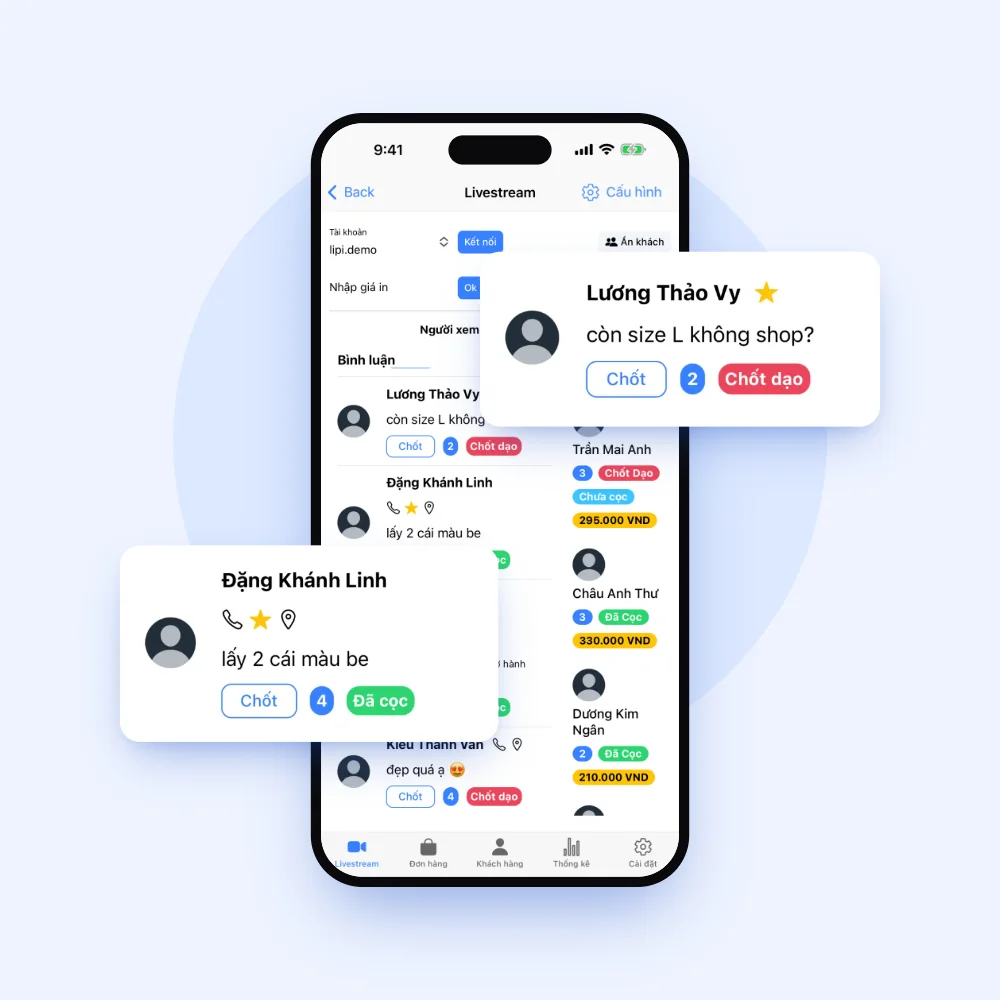 Màn hình app Lipi tự động lấy comment từ livestream TikTok theo thời gian thực
