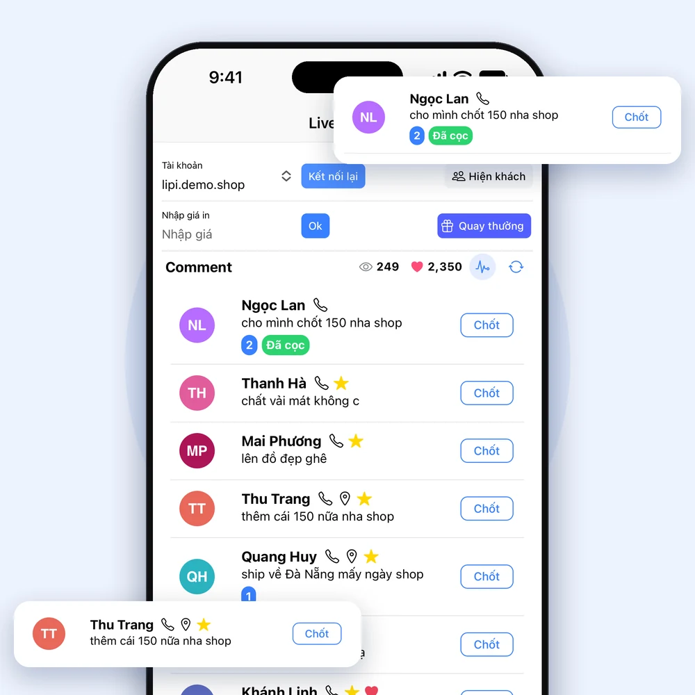 Màn hình app Lipi tự động lấy comment từ livestream TikTok theo thời gian thực