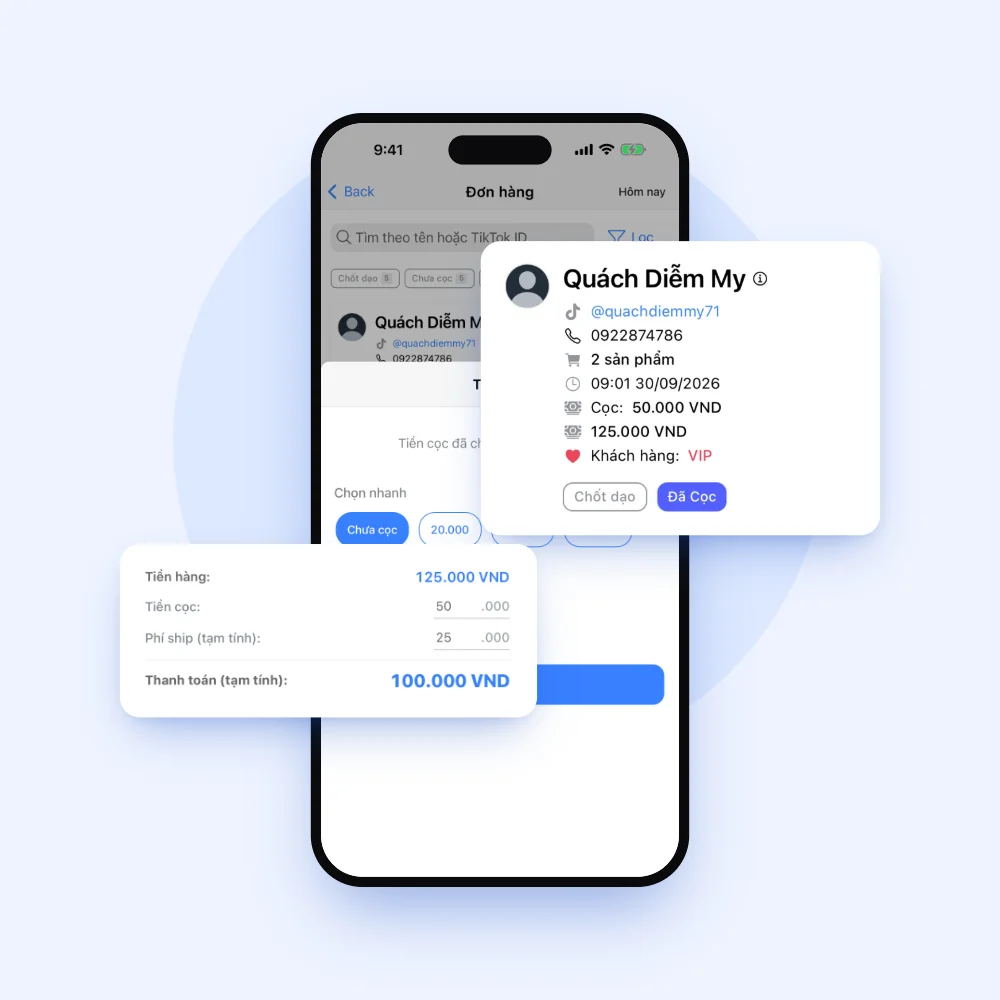 Màn hình app Lipi nhập tiền cọc cho đơn livestream