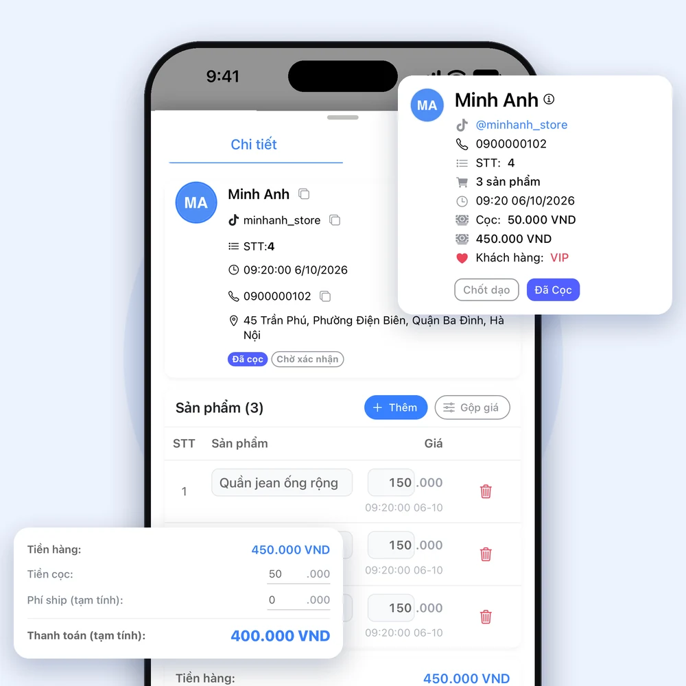 Màn hình app Lipi nhập tiền cọc cho đơn livestream