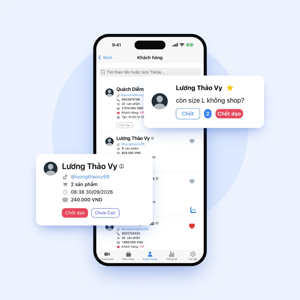 Danh sách khách hàng trong app Lipi với nút Chốt dạo và khách VIP