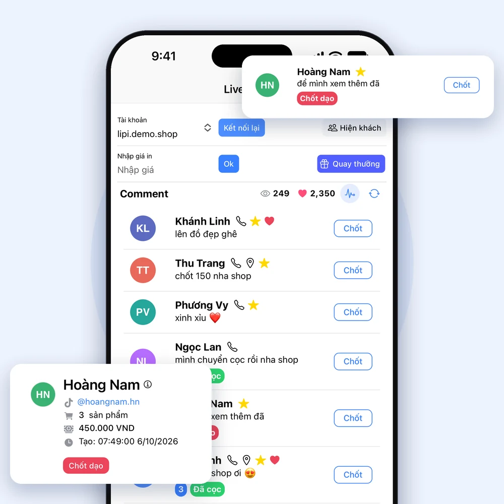 Danh sách khách hàng trong app Lipi với nút Chốt dạo và khách VIP