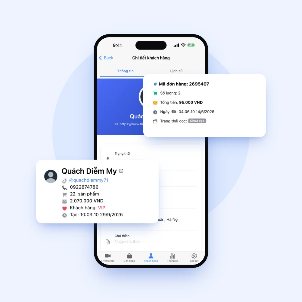 Màn hình app Lipi quản lý thông tin và lịch sử mua hàng của khách livestream