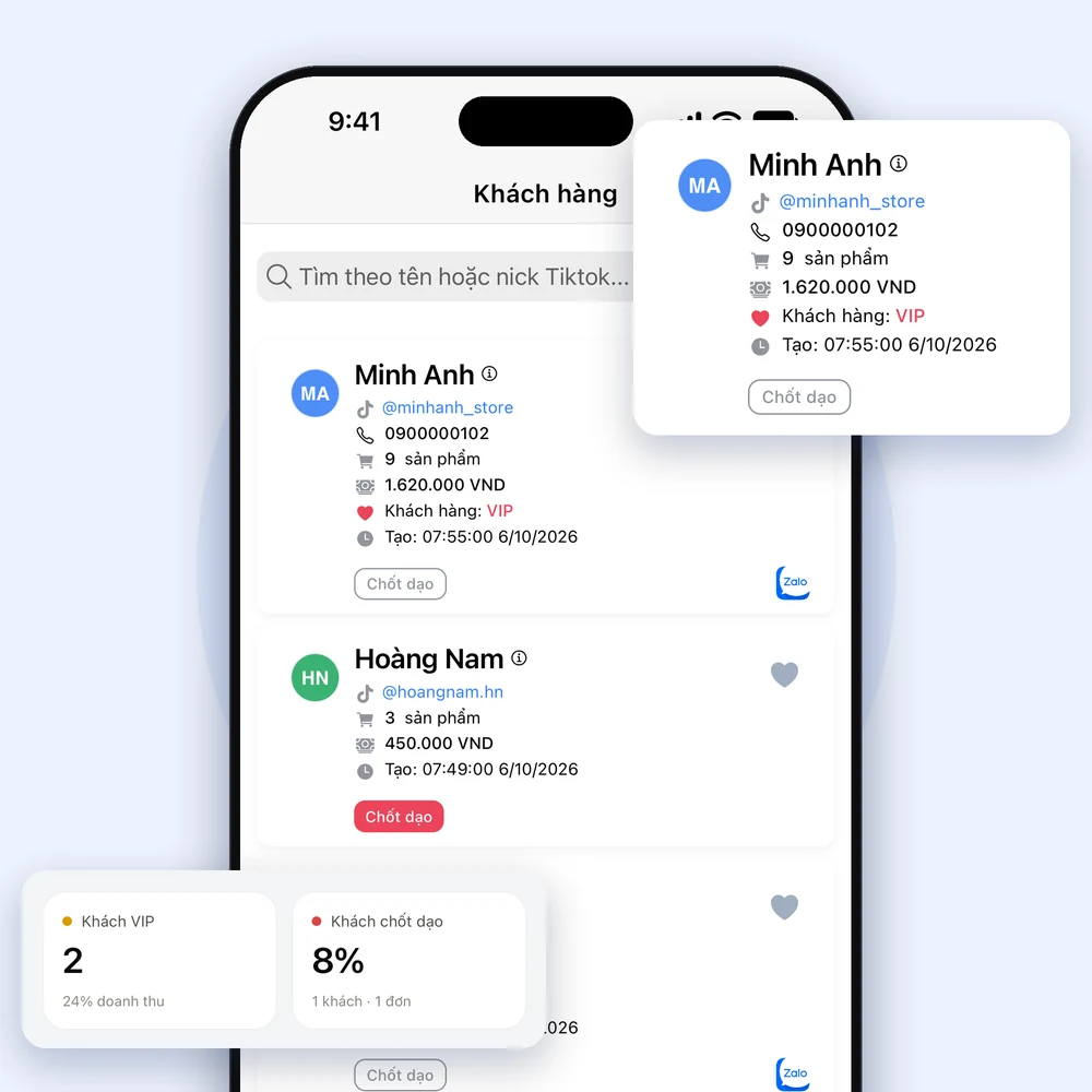 Màn hình app Lipi quản lý thông tin và lịch sử mua hàng của khách livestream