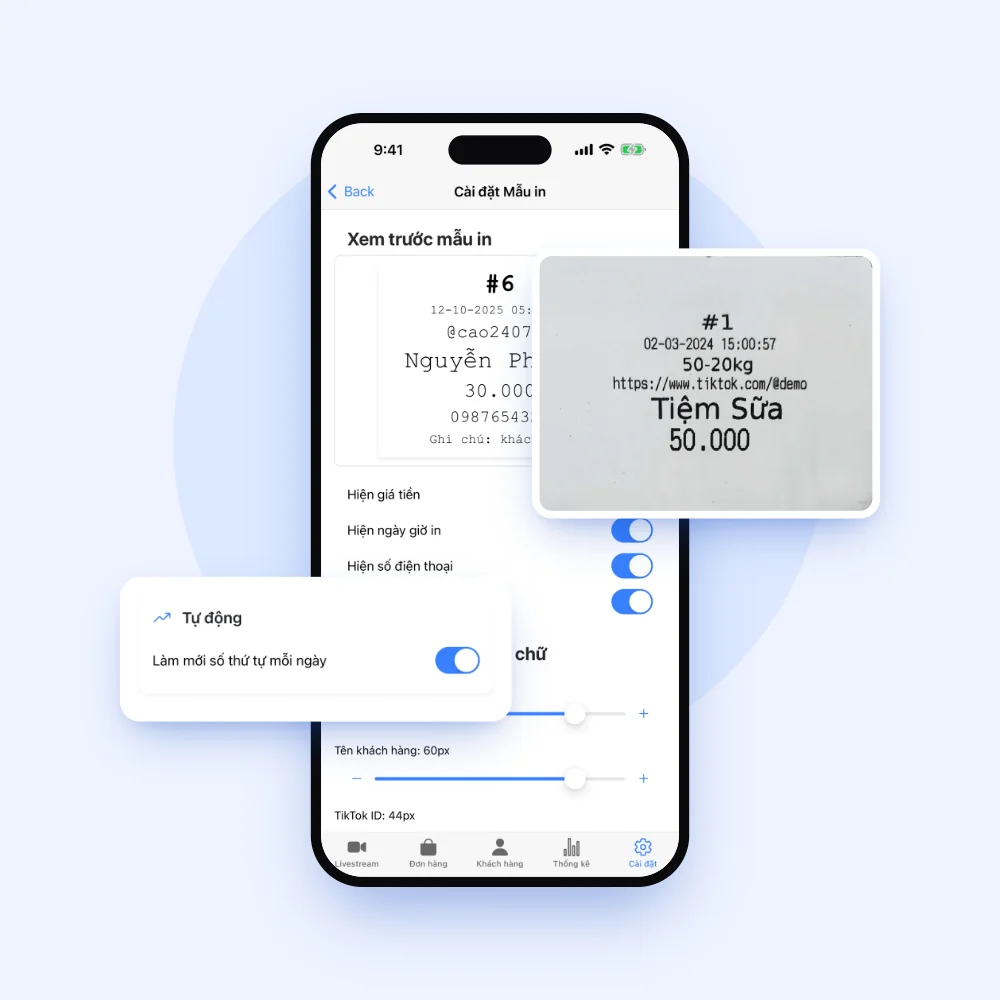 Cài đặt mẫu in bill livestream trong app Lipi