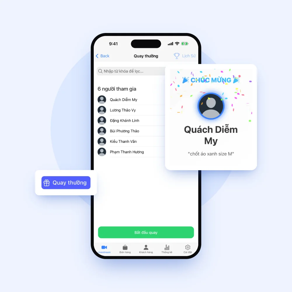 Danh sách người tham gia quay thưởng lấy từ bình luận livestream trong app Lipi