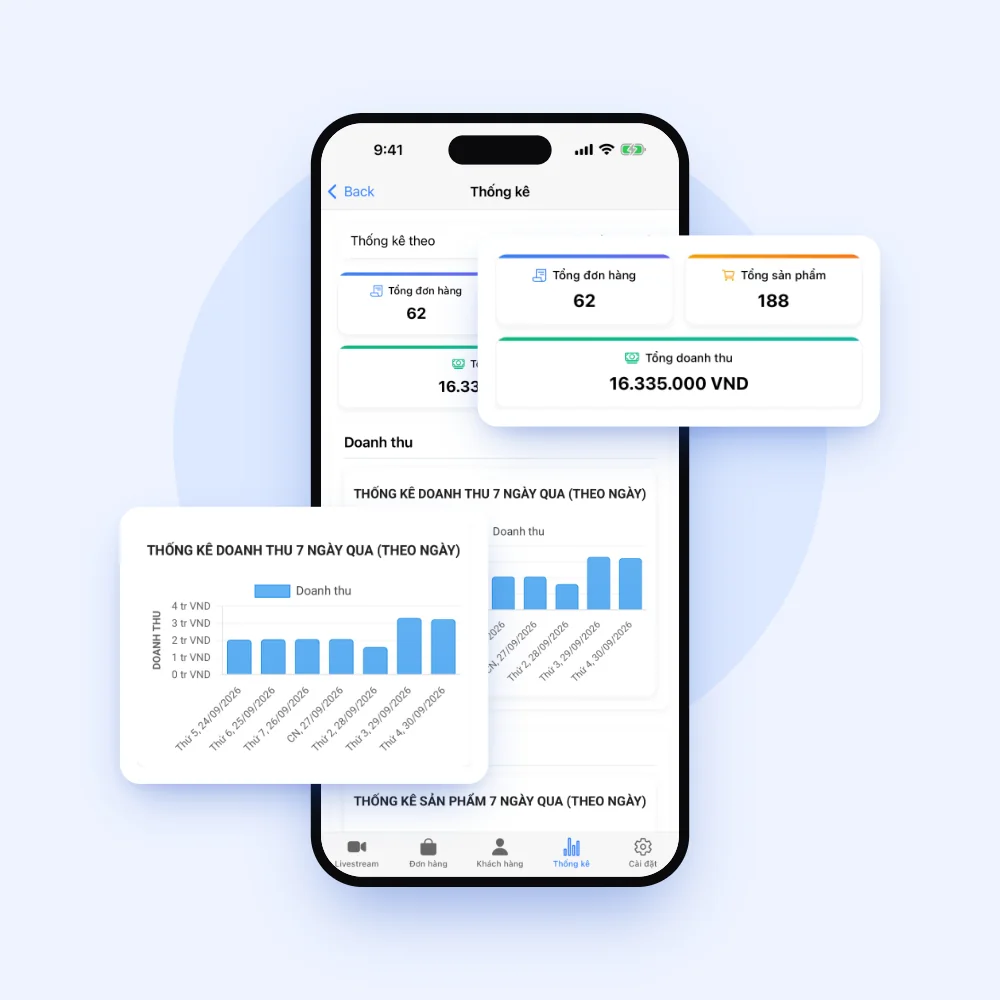 Màn hình app Lipi thống kê doanh thu livestream theo biểu đồ
