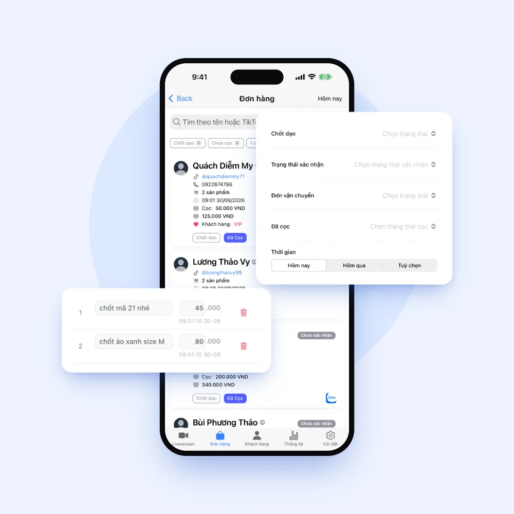 Màn hình app Lipi tra cứu và in lại đơn hàng livestream