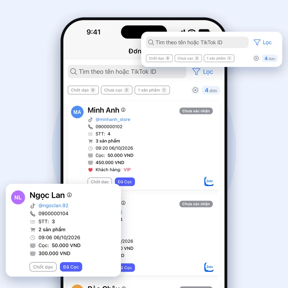 Màn hình app Lipi tra cứu và in lại đơn hàng livestream