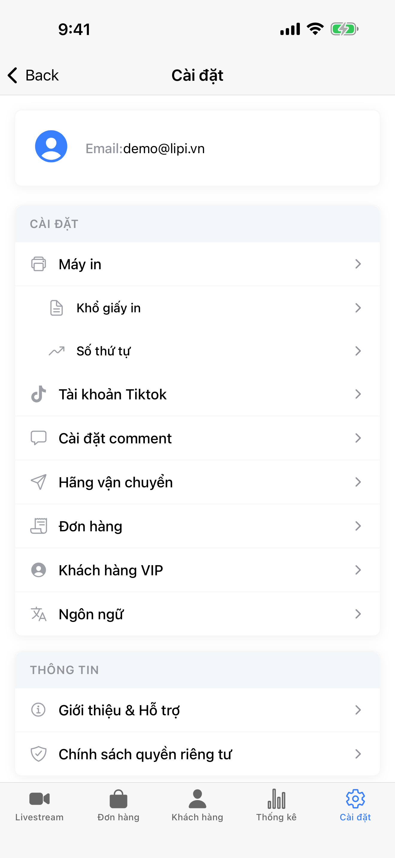 Menu Cài đặt của ứng dụng Lipi