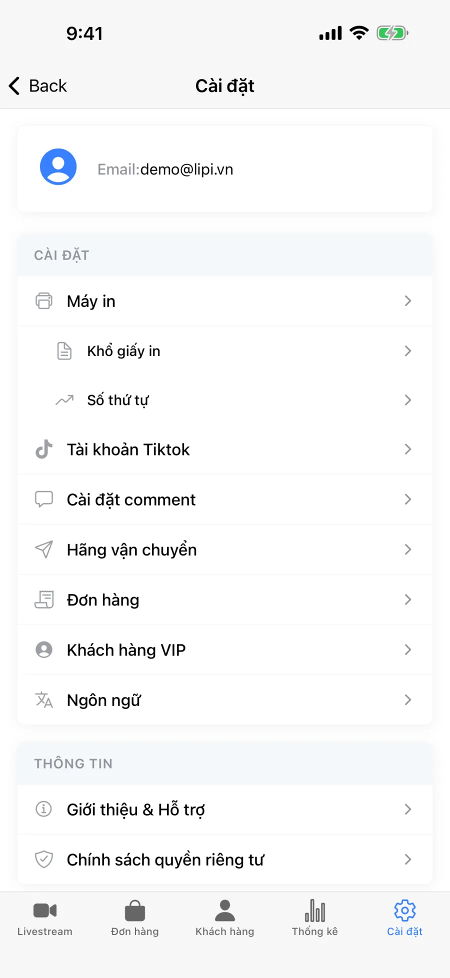 Menu Cài đặt