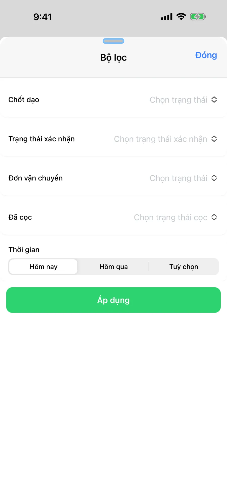 Bộ lọc đơn hàng theo chốt dạo, chưa cọc và thời gian trong app Lipi