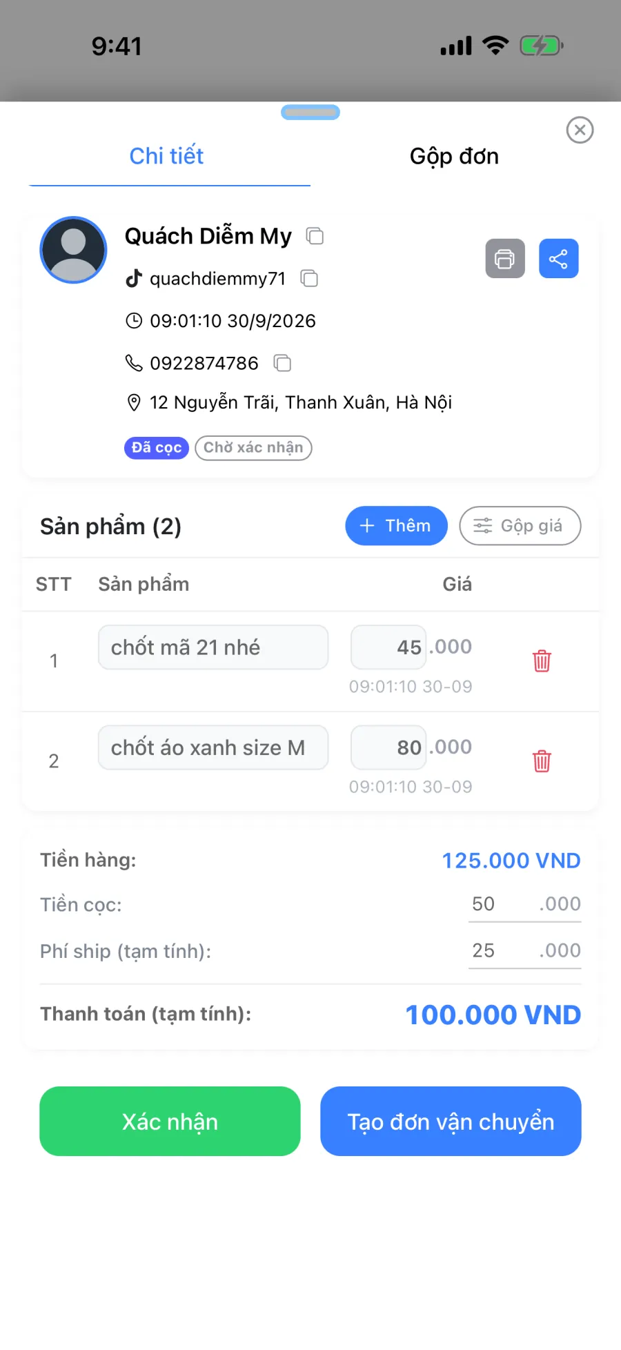 Chi tiết đơn livestream trong app Lipi: sản phẩm, tiền cọc, phí ship