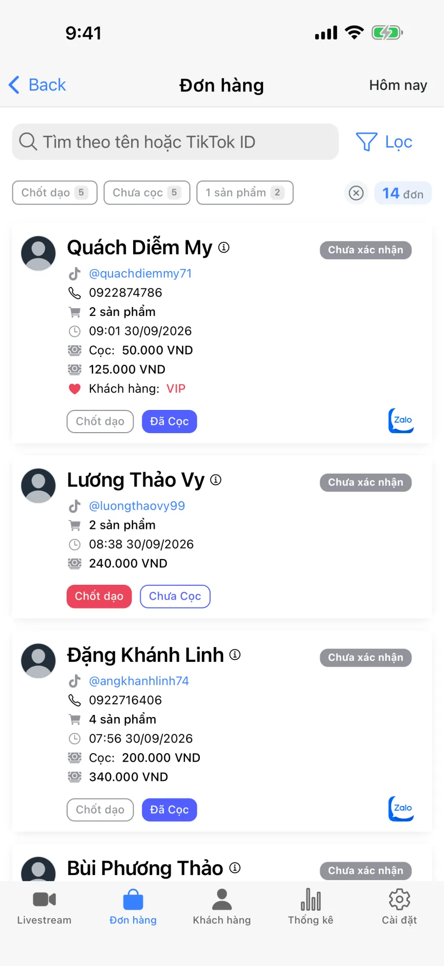 Danh sách đơn livestream trong app Lipi