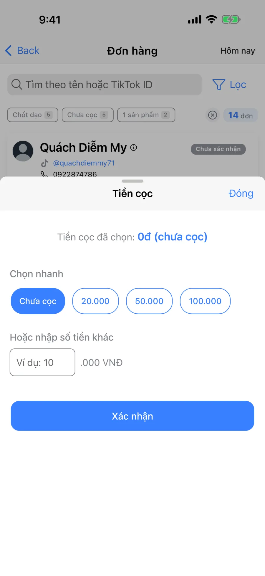 Chọn hoặc nhập số tiền cọc cho đơn livestream trong app Lipi