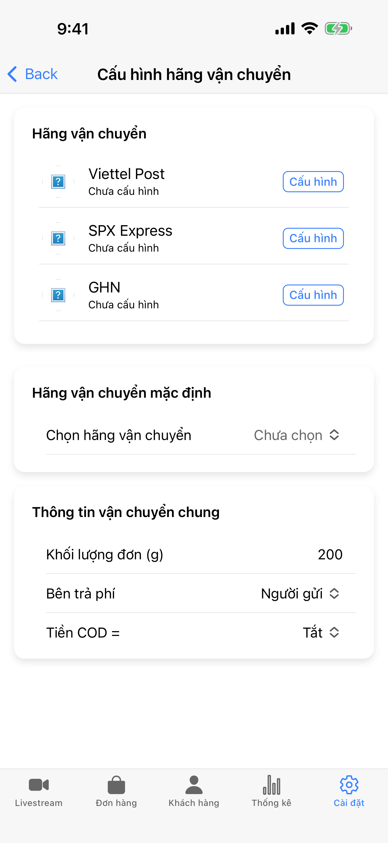 Cấu hình hãng vận chuyển