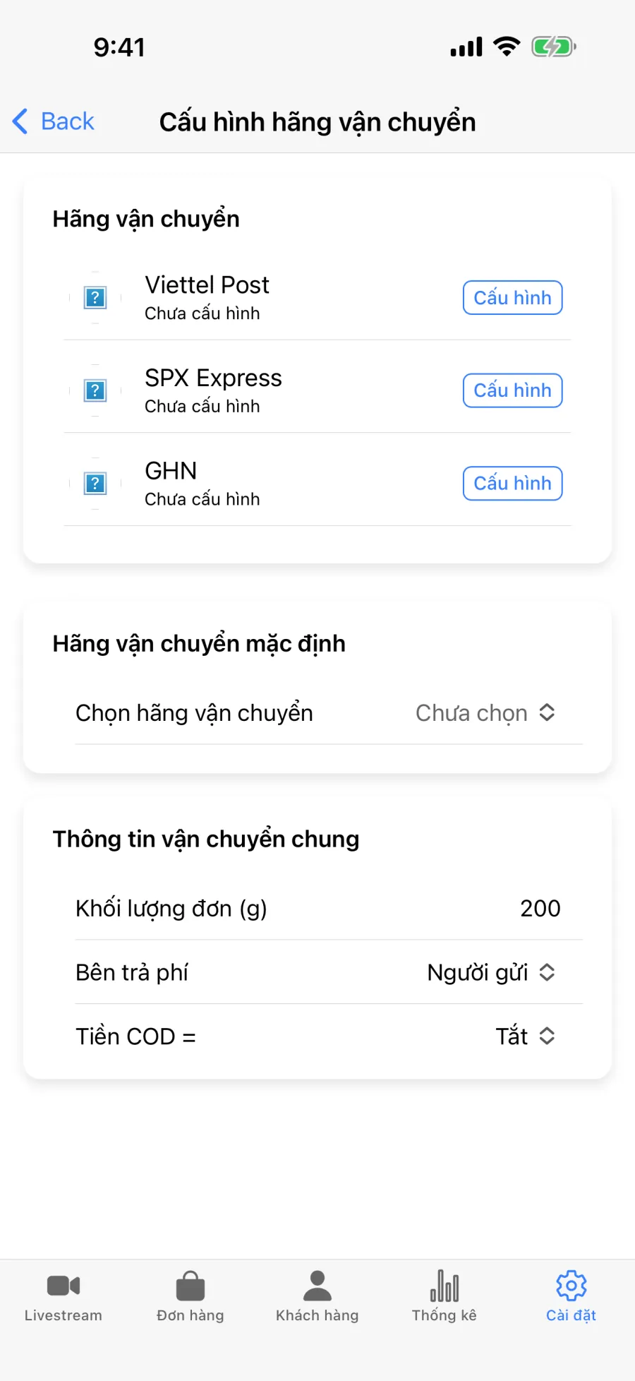 Cài đặt hãng vận chuyển Viettel Post, SPX Express, GHN trong app Lipi