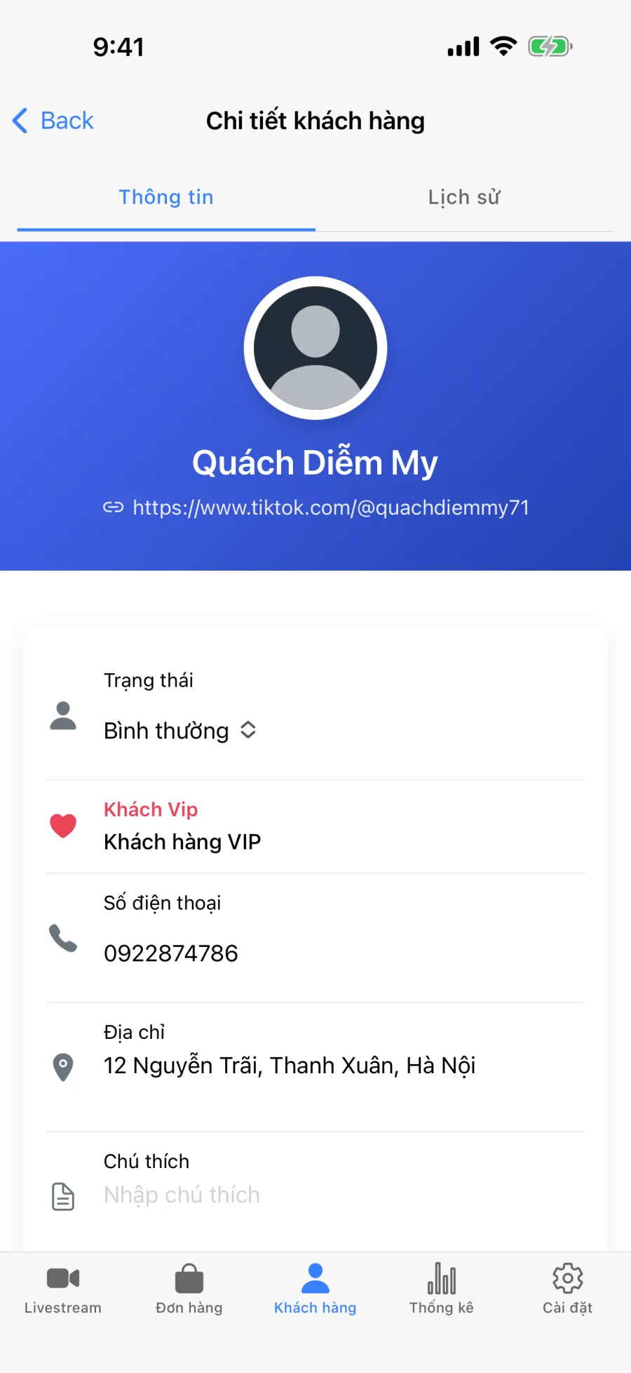 Lưu số điện thoại và địa chỉ khách trong app Lipi