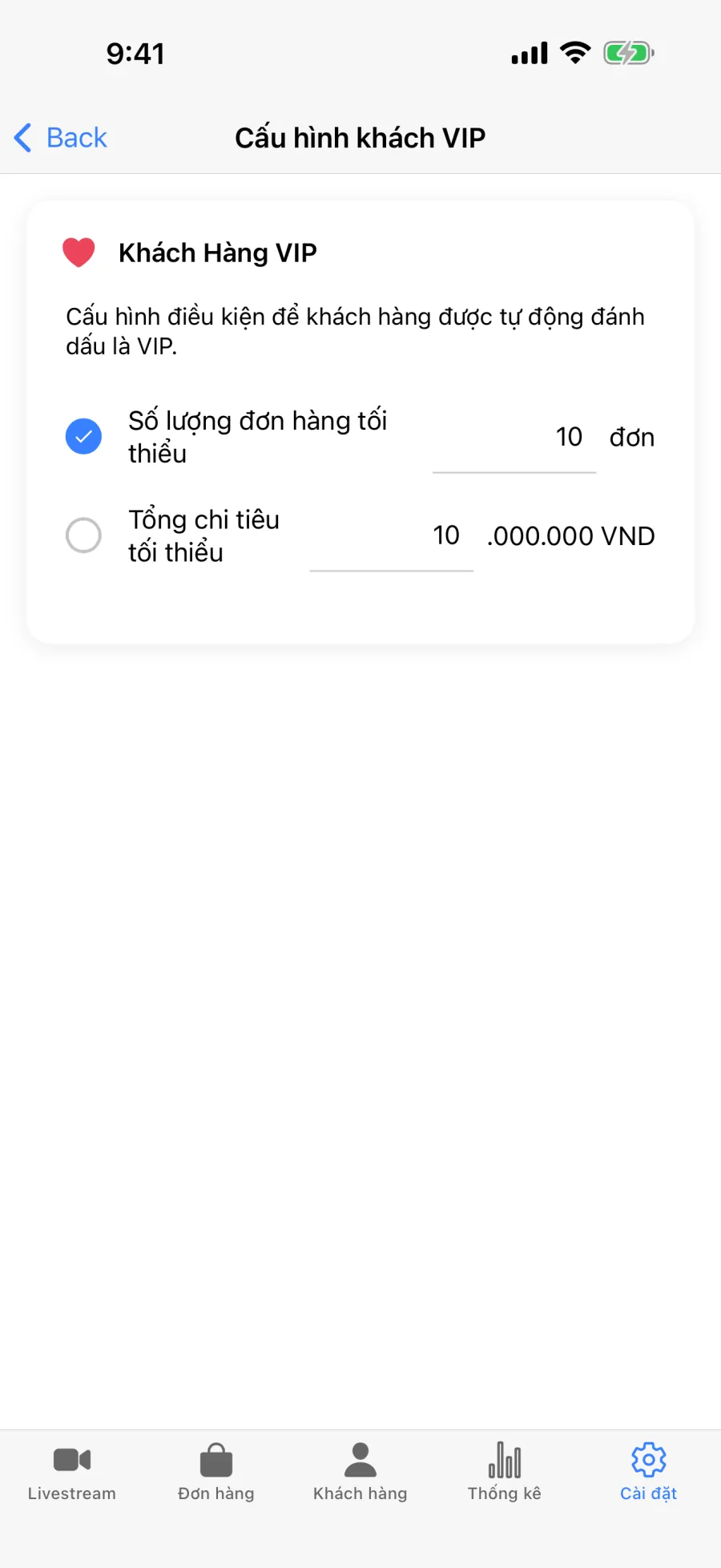 Cài đặt điều kiện tự động đánh dấu khách VIP trong app Lipi