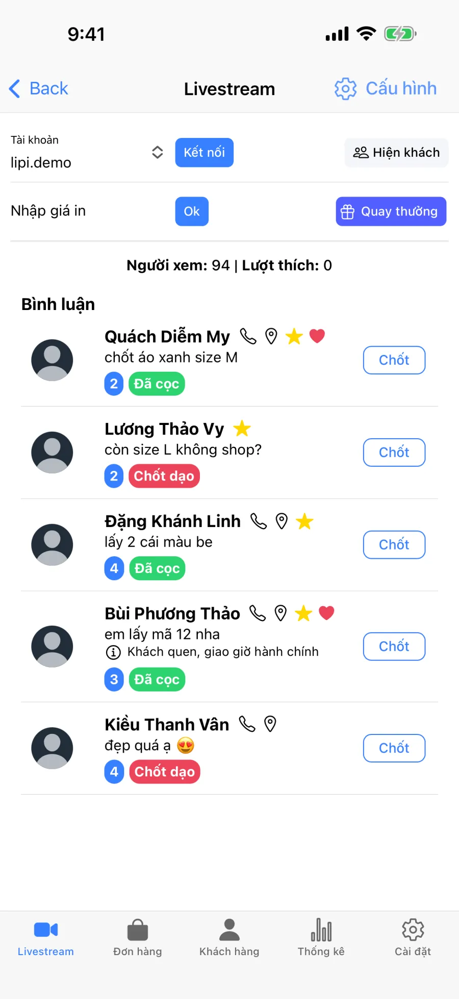 Livestream khi ẩn cột khách hàng