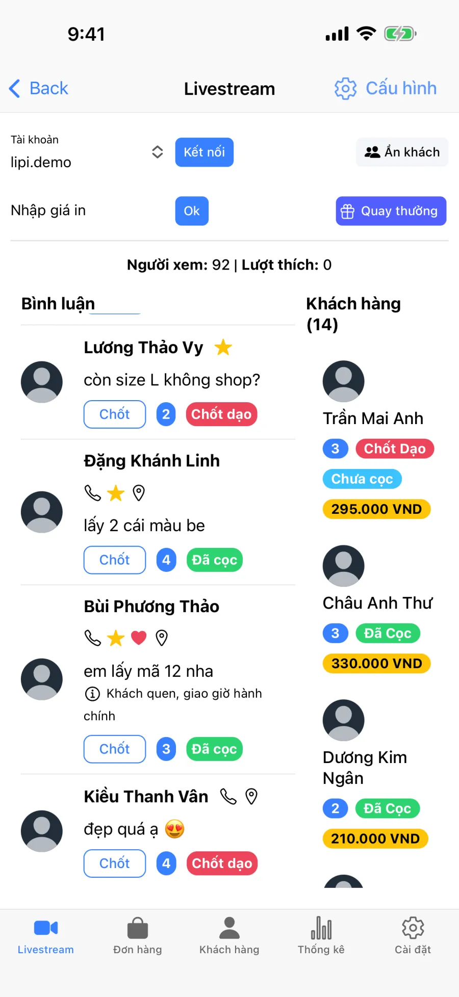 Màn hình Livestream của Lipi: bình luận có nhãn Đã cọc, Chốt dạo và cột khách đã chốt