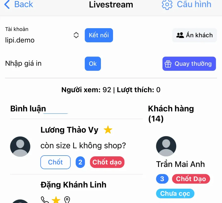 Kết nối livestream và bấm Chốt trên bình luận