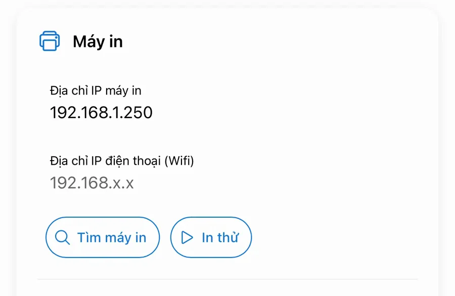Nhập IP máy in và bấm In thử