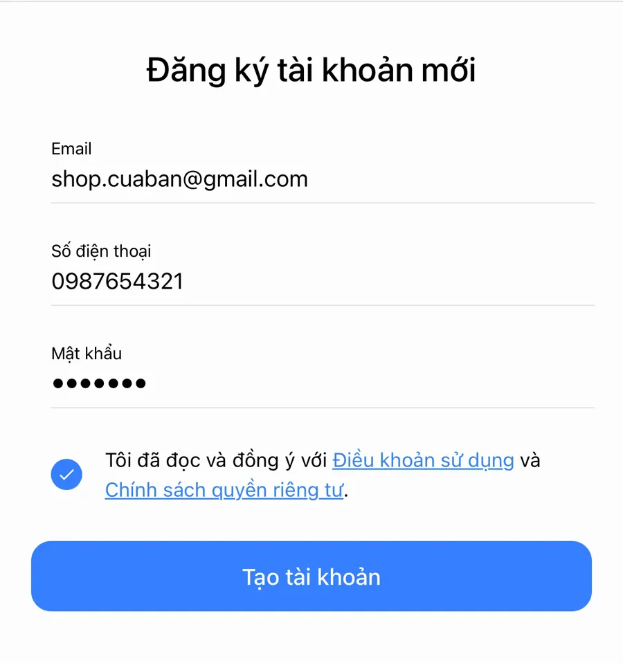 Nhập email, mật khẩu và bấm Tạo tài khoản