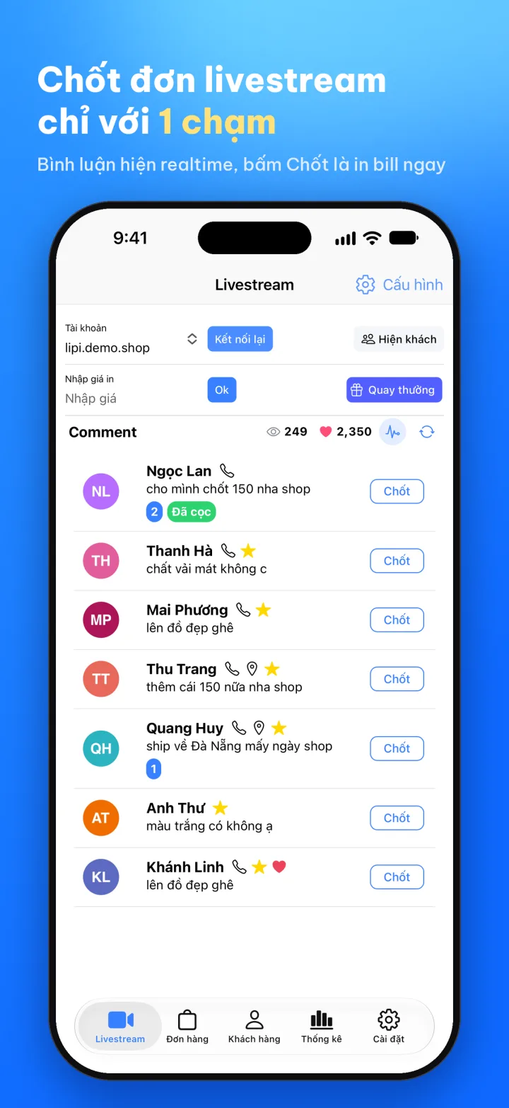 Màn hình Livestream của Lipi: bình luận hiện realtime, nút Chốt để in bill ngay