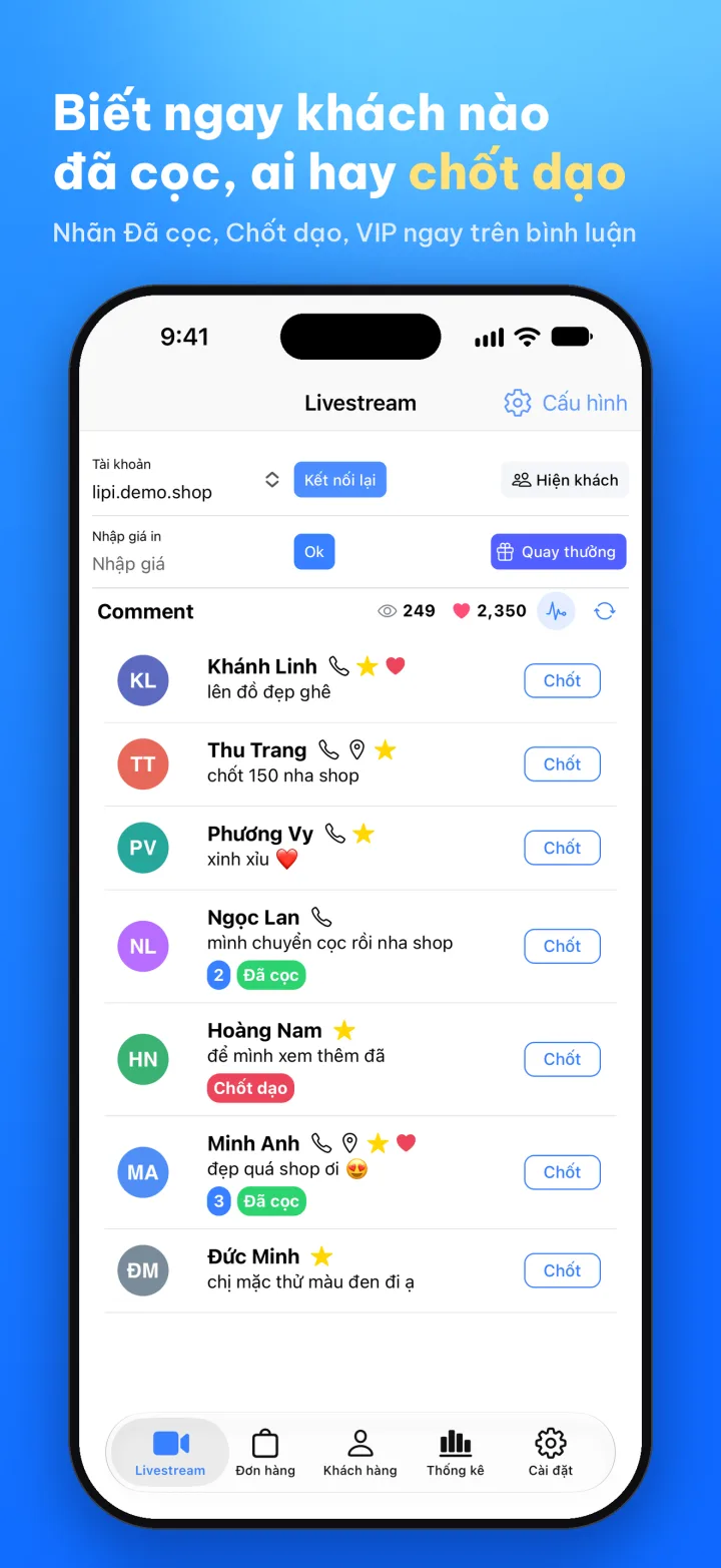 Lipi hiển thị nhãn Đã cọc, Chốt dạo, VIP ngay trên bình luận của khách