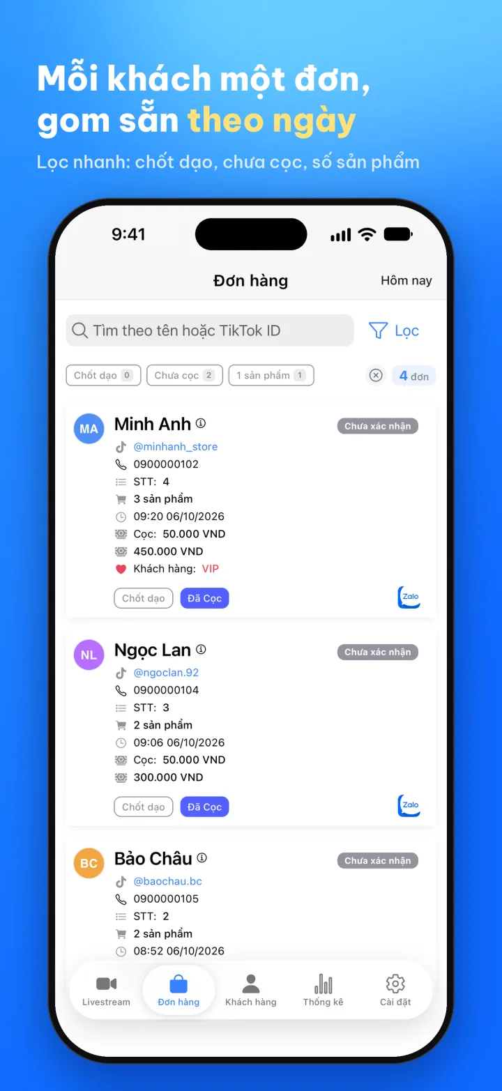 Màn hình Đơn hàng của Lipi: mỗi khách một đơn, gom sẵn theo ngày, có bộ lọc