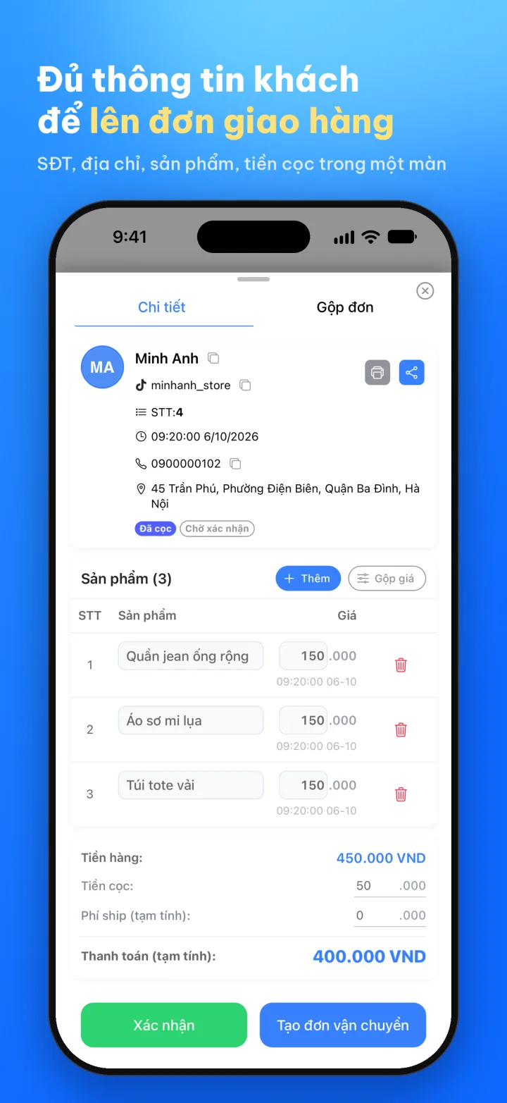 Chi tiết đơn hàng trong Lipi: SĐT, địa chỉ, sản phẩm, tiền cọc và nút tạo đơn vận chuyển